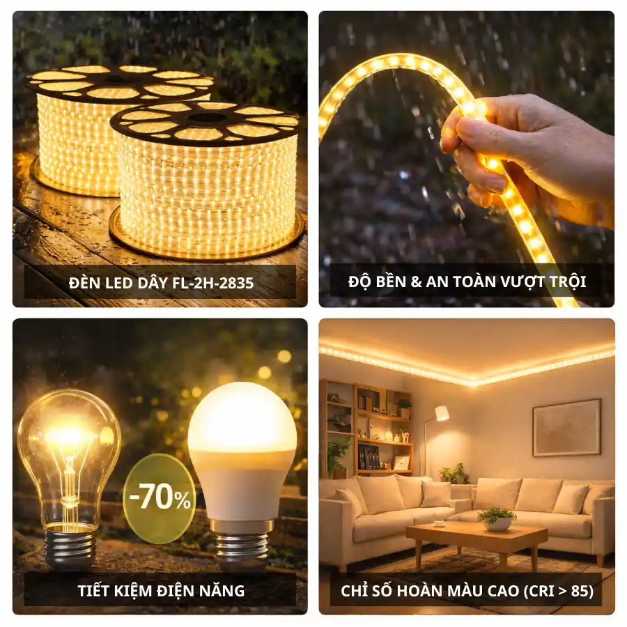 LED dây 2 hàng bóng tiết kiệm điện, chỉ số hoàn màu CRI cao