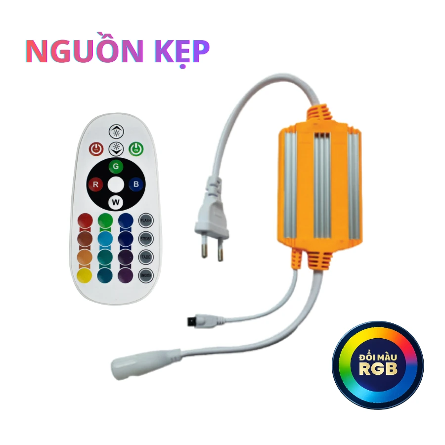 Nguồn kẹp đèn LED dây 5050 đổi màu RGB 220V chân ghim kèm remote điều khiển