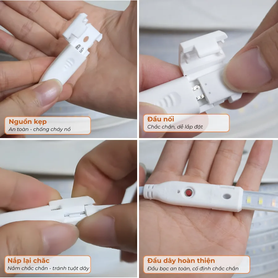 Đầu nối và nguồn kẹp an toàn cho đèn LED dây chạy đuổi 220V