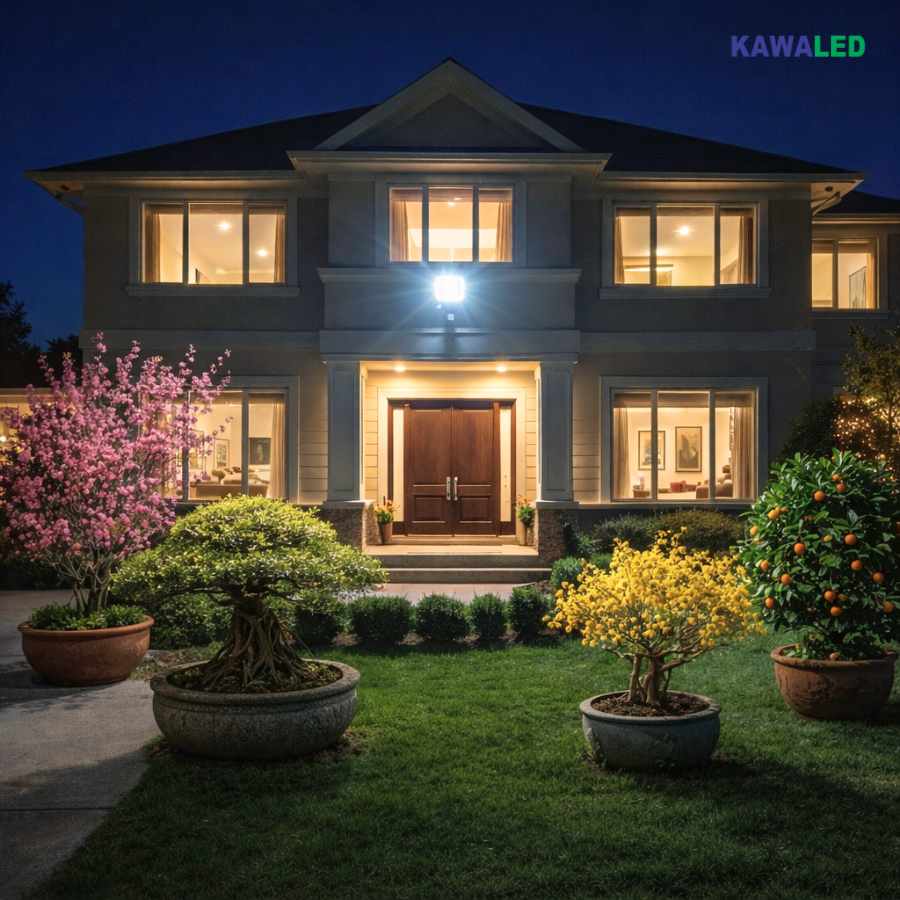 Sân vườn nhà phố ban đêm được chiếu sáng bằng đèn pha LED