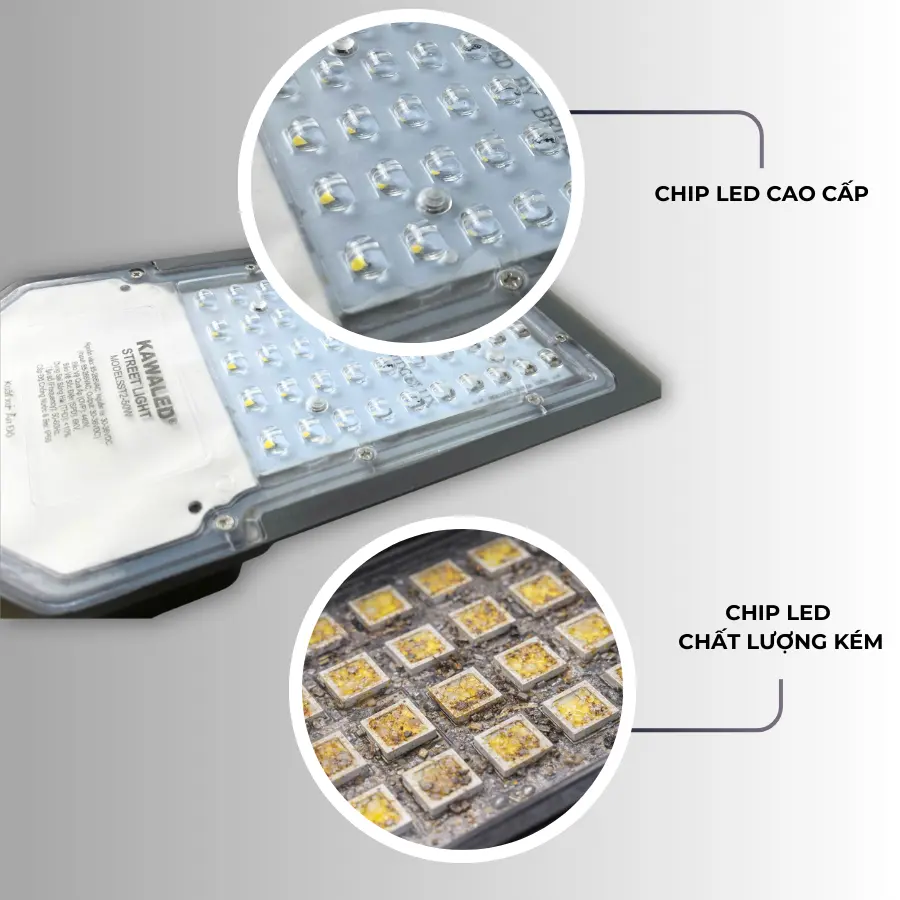 So sánh chip LED cao cấp và chip LED kém chất lượng trên đèn đường