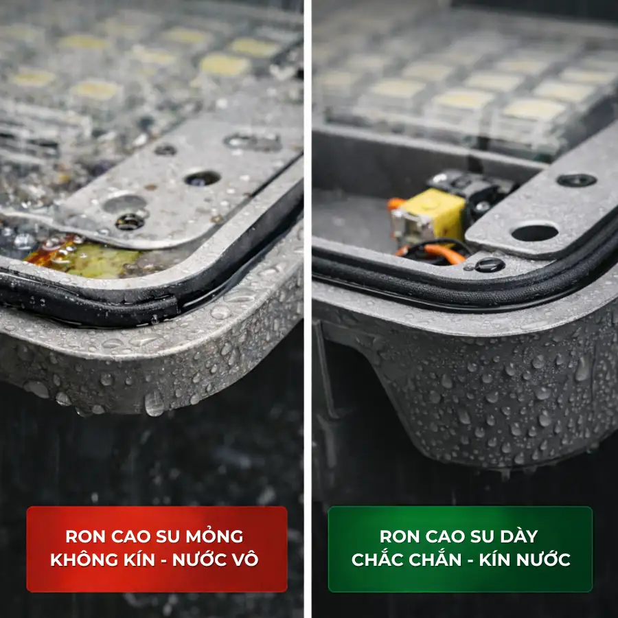 So sánh ron cao su mỏng và ron cao su dày trên đèn LED ngoài trời