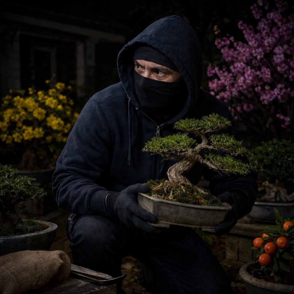 Trộm cây cảnh bonsai ban đêm tại nhà phố khi sân vườn thiếu ánh sáng