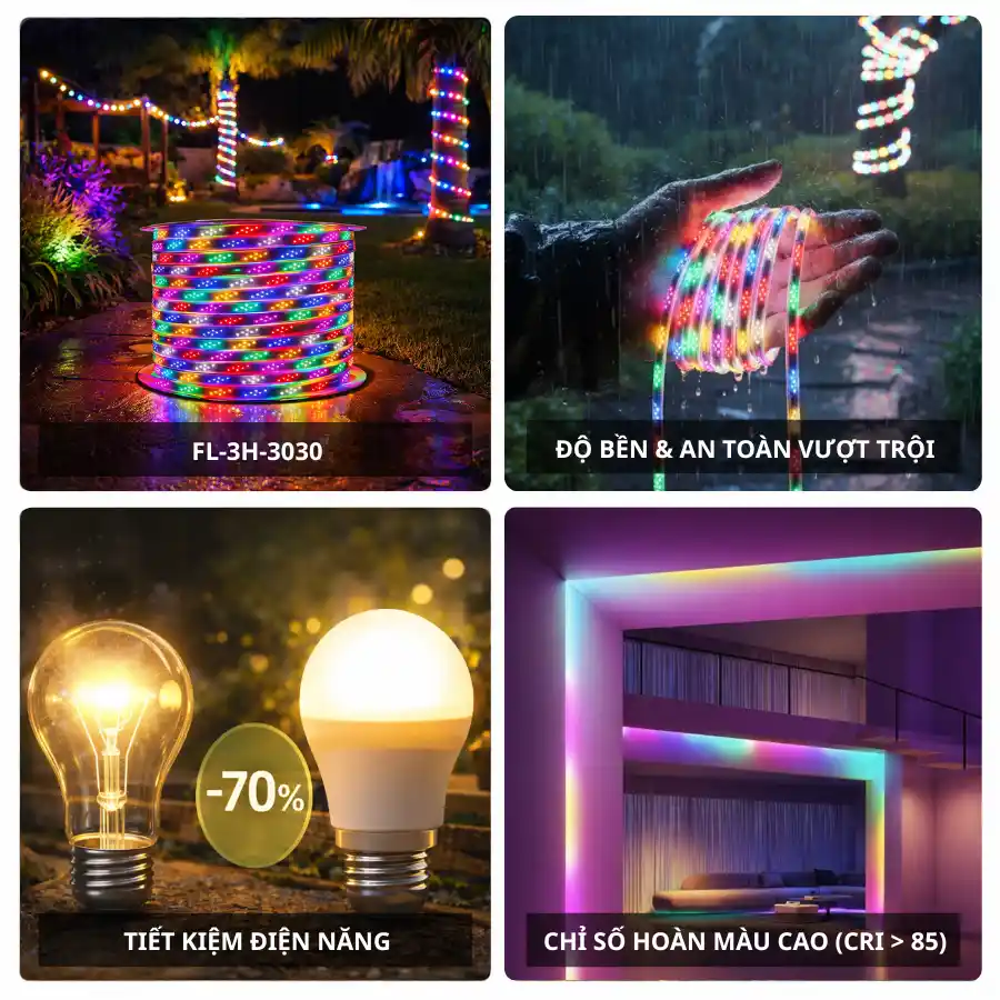 Ưu điểm đèn LED dây chạy đuổi 3030 220V: tiết kiệm điện, CRI cao, bền bỉ