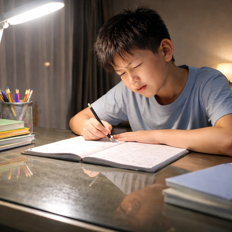 Đèn LED trắng 6000K chiếu trực diện gây phản xạ trên mặt bàn kính