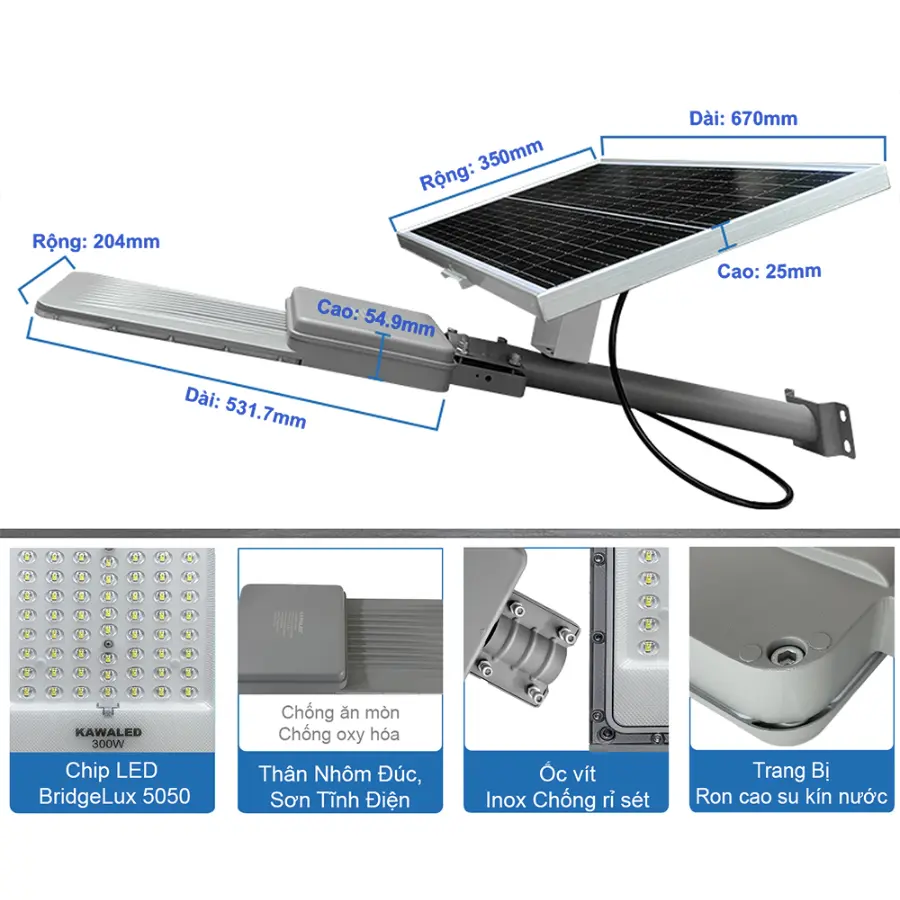Cấu tạo đèn năng lượng mặt trời gồm tấm pin, pin lưu trữ và chip LED