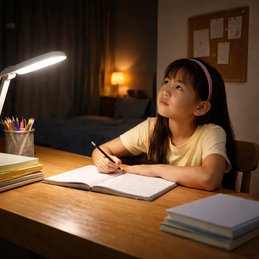 Bàn học sáng mạnh nhưng xung quanh phòng tối hơn rõ rệt