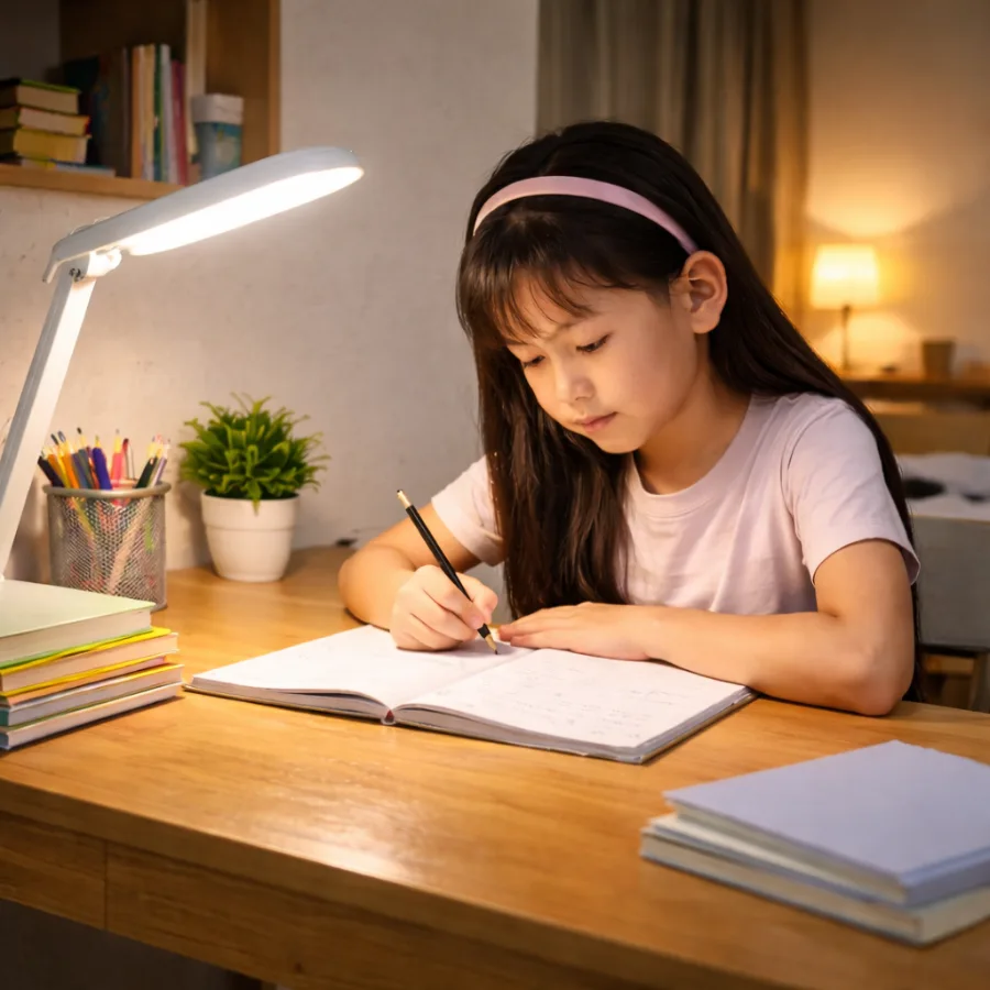 Bé gái thuận tay phải đặt đèn bàn bên trái để tránh bóng đổ