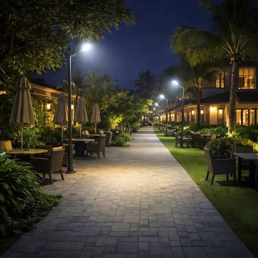 Hệ thống đèn LED 220V chiếu sáng khu resort ban đêm