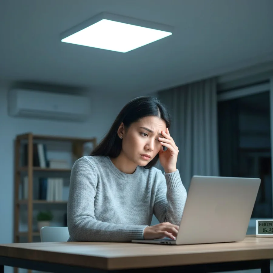 Người phụ nữ làm việc buổi tối dưới ánh sáng đèn LED trắng và có dấu hiệu mỏi mắt