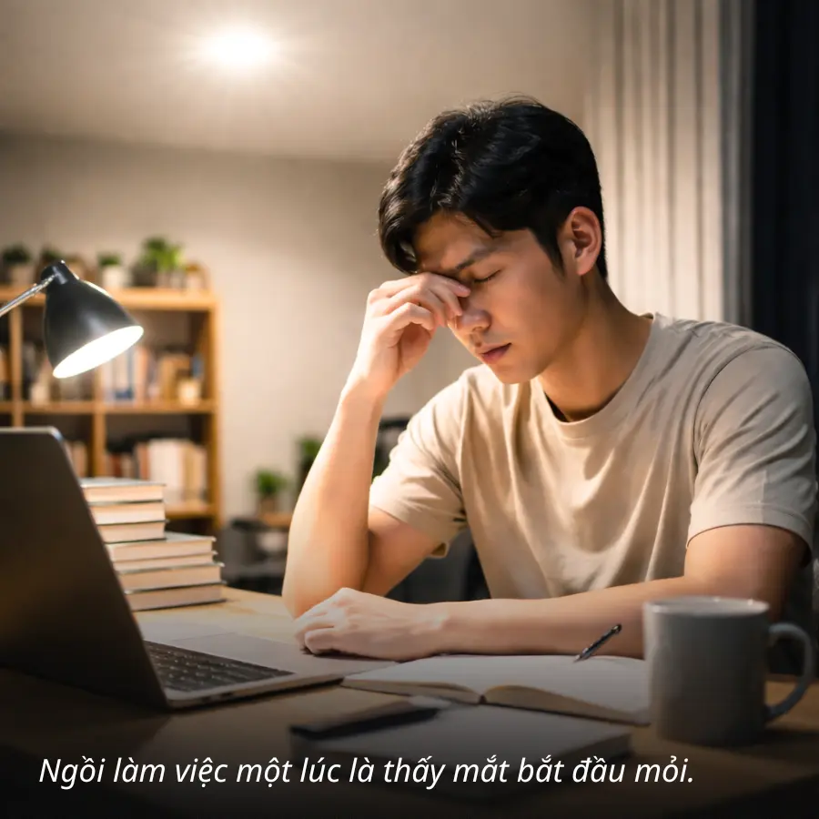 Người đàn ông xoa trán khi làm việc lâu dưới ánh sáng đèn LED trong phòng