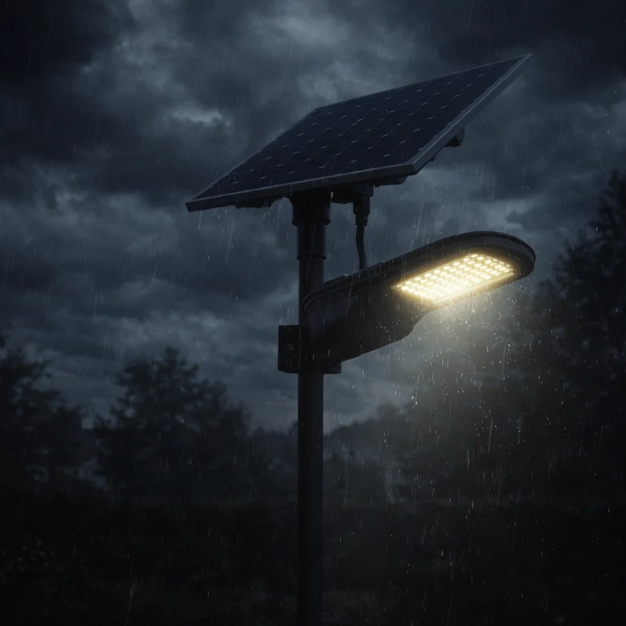 Đèn năng lượng mặt trời hoạt động trong điều kiện trời mưa nhiều mây