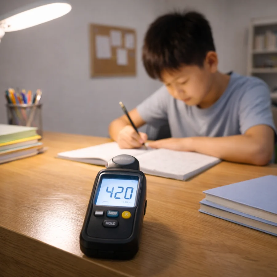 Thiết bị đo Lux hiển thị 420 Lux trên mặt bàn học