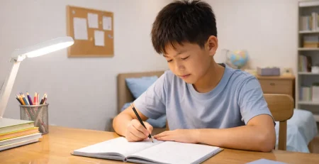 Phòng học hiện đại với ánh sáng trung tính phân bổ đều và không chói