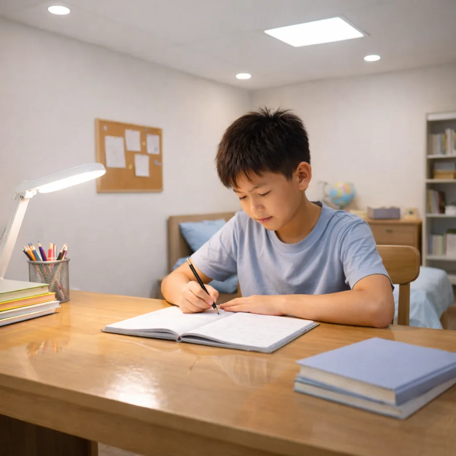 Phòng học hiện đại với ánh sáng trung tính phân bổ đều và không chói