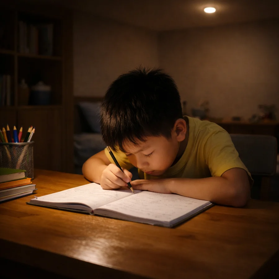 Bé trai cúi sát vở khi học trong phòng ánh sáng yếu