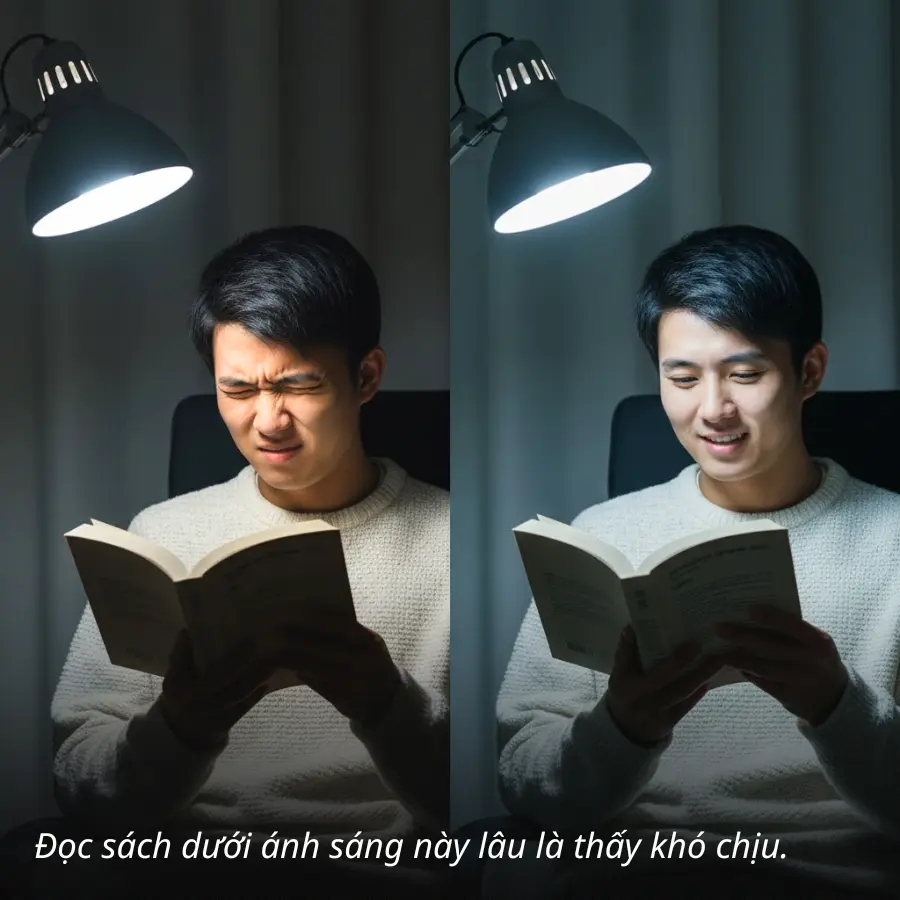 So sánh cảm giác đọc sách dưới ánh sáng đèn LED quá chói và ánh sáng dịu