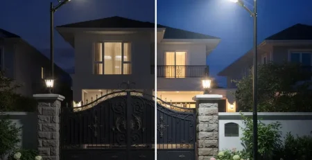 So sánh đèn năng lượng mặt trời và đèn LED 220V ngoài trời tại cổng nhà ban đêm