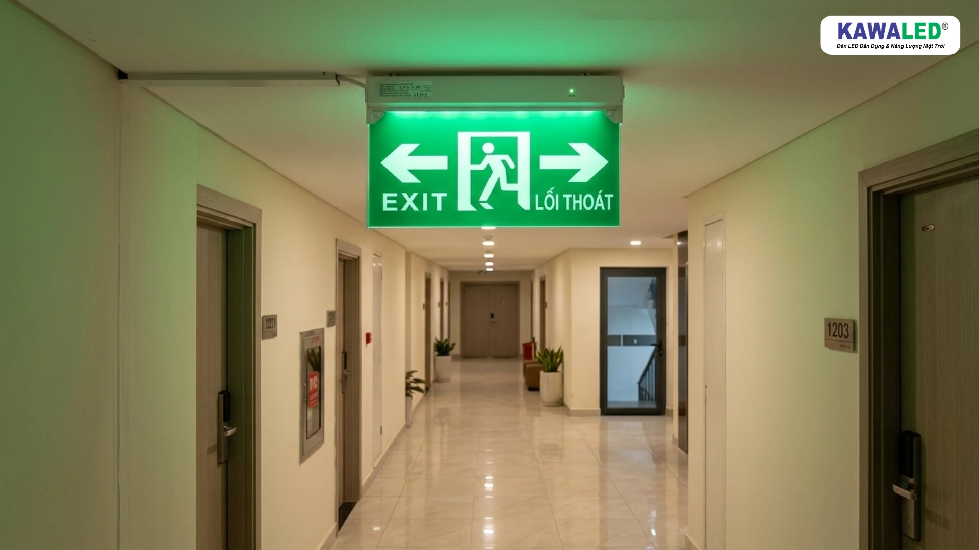 đèn exit e506 2 mặt lắp hành lang chung cư