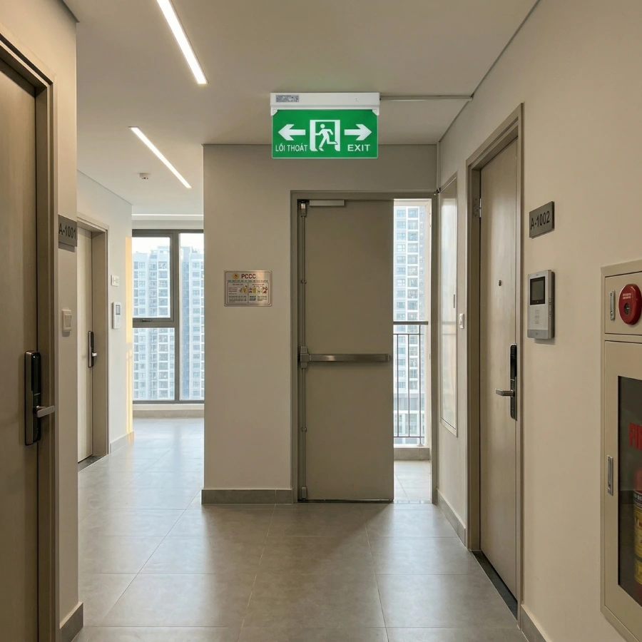 đèn exit 2 mặt e506-2b2 lắp hành lang chung cư