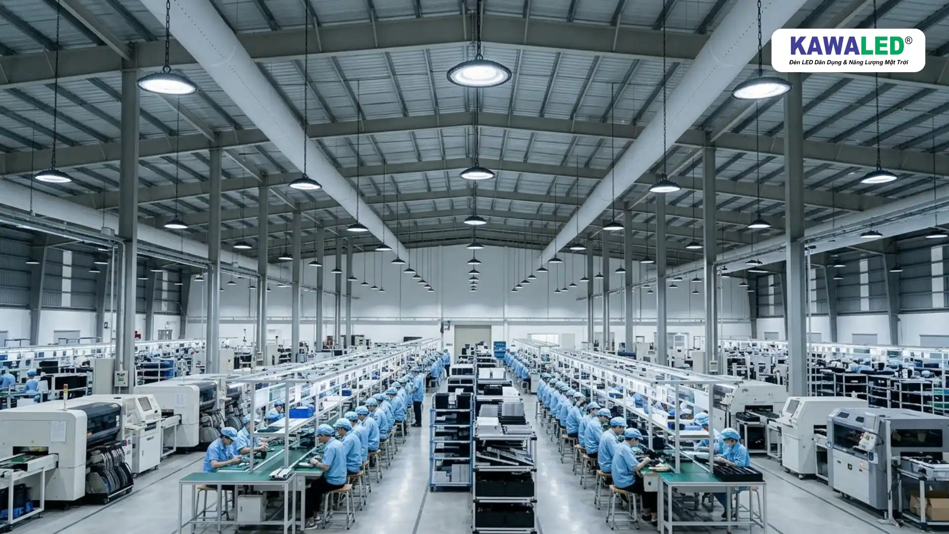đèn led chiếu sáng nhà xưởng trần cao ánh sáng đều