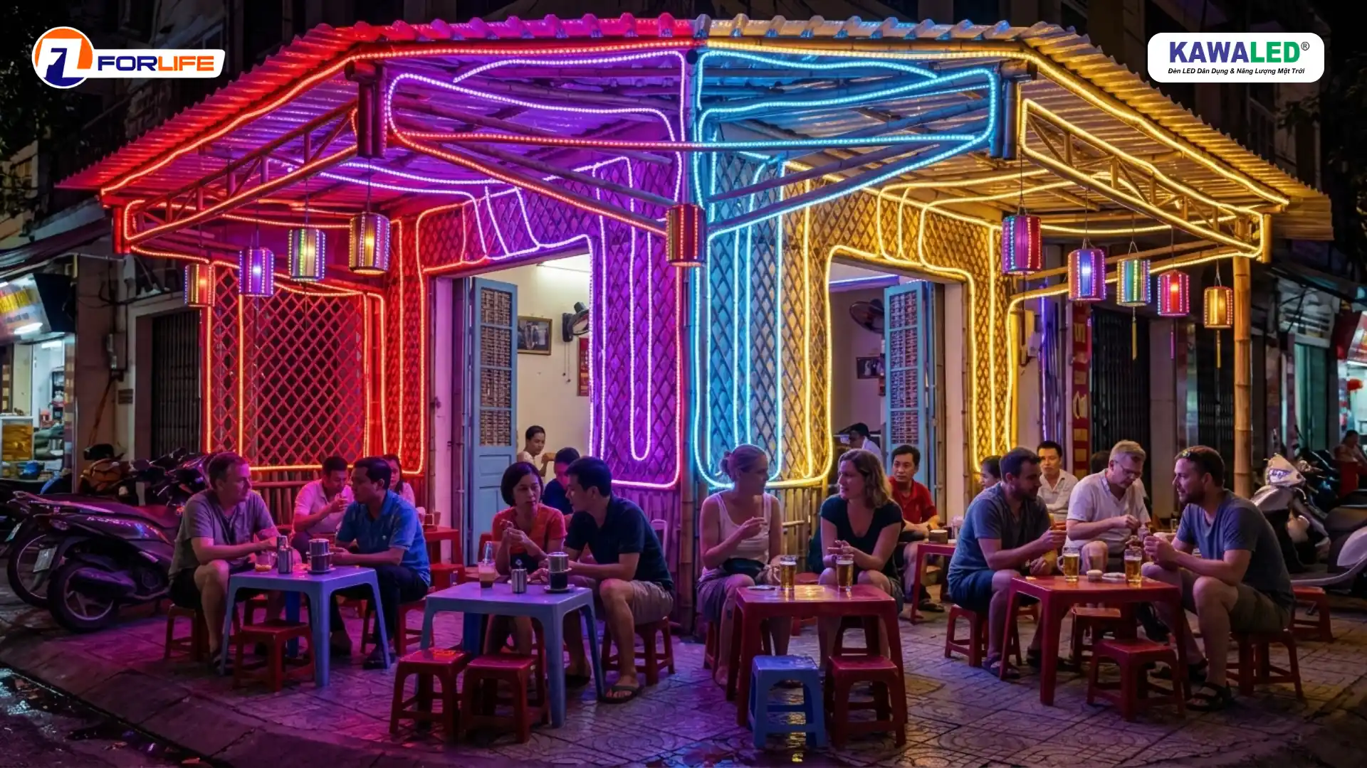 đèn led dây ngoài trời trang trí quán cafe ánh sáng nổi bật