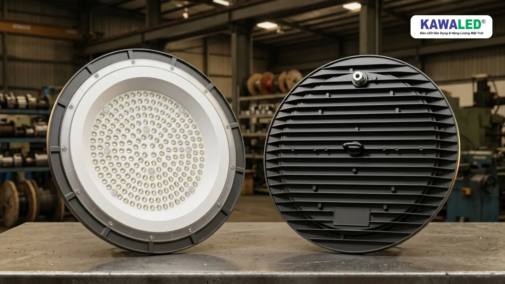 đèn led highbay 150w HB1 mặt trước và mặt sau tản nhiệt hợp kim