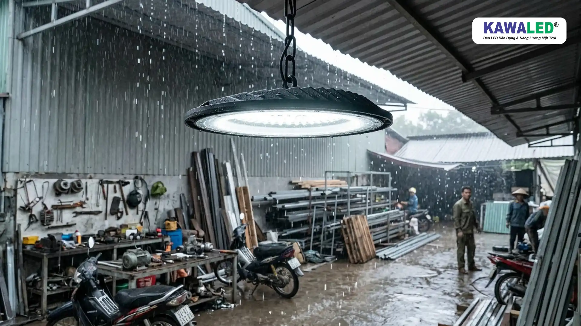 đèn led highbay 100w HB1 chiếu sáng xưởng cơ khí ngoài trời trời mưa chống nước ip65