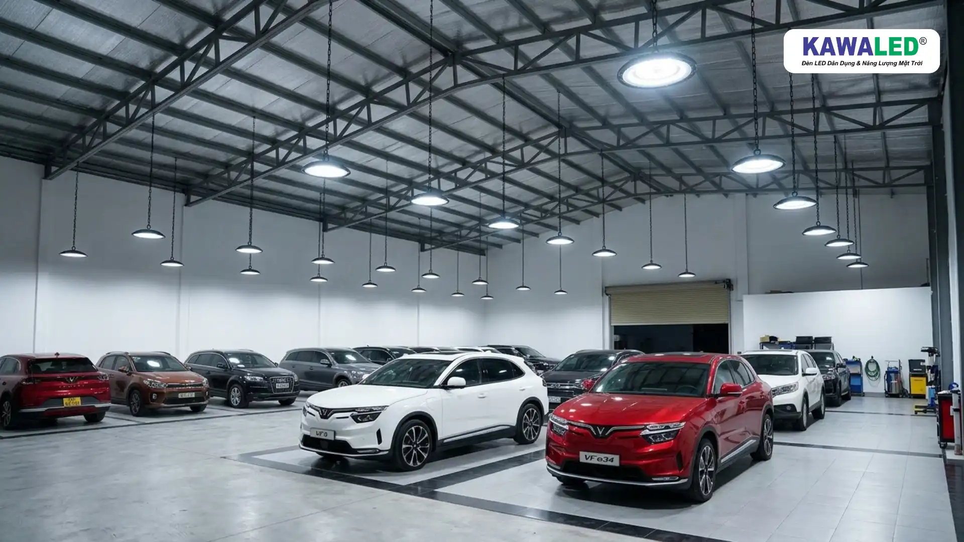 đèn led highbay HB1 chiếu sáng showroom ô tô trần cao
