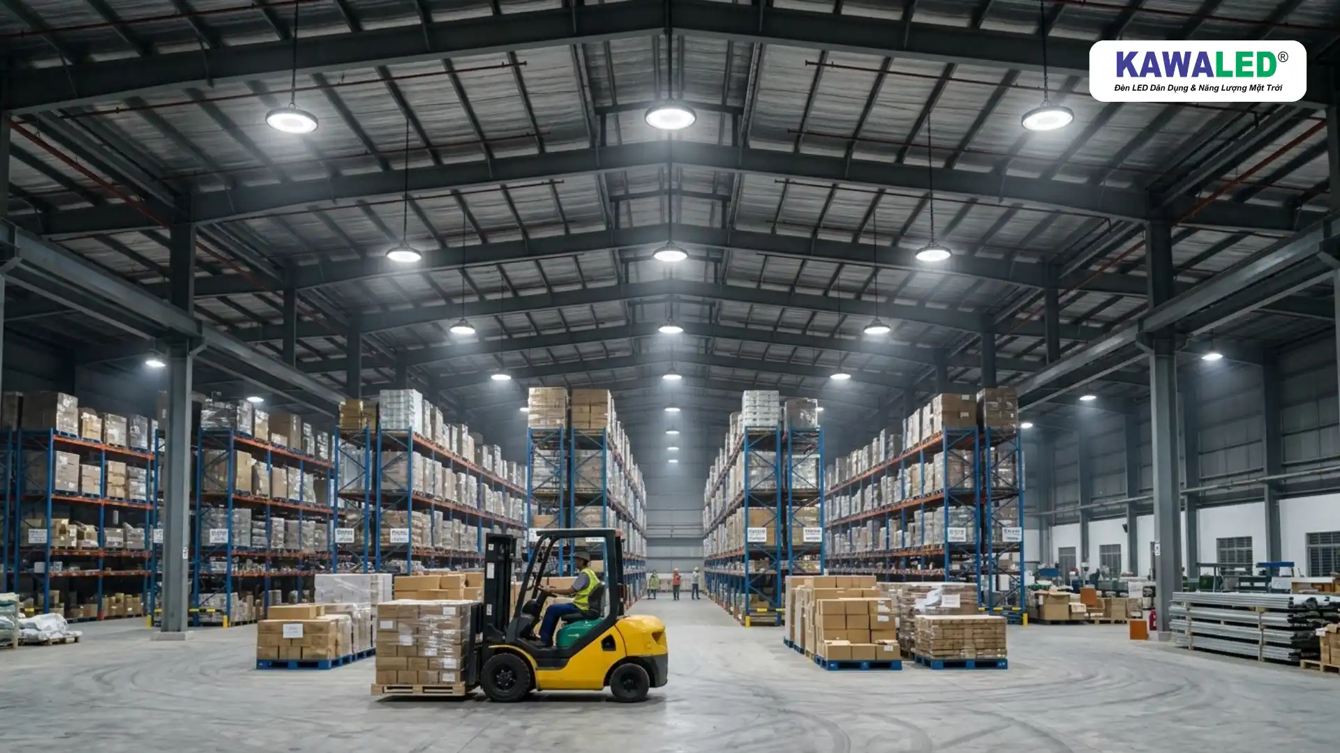 đèn led highbay HB1 chiếu sáng kho hàng lớn và hệ thống kệ cao