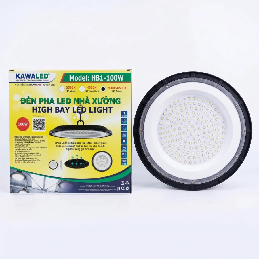 Đèn LED nhà xưởng Highbay HB1-100W KAWALED kèm hộp sản phẩm
