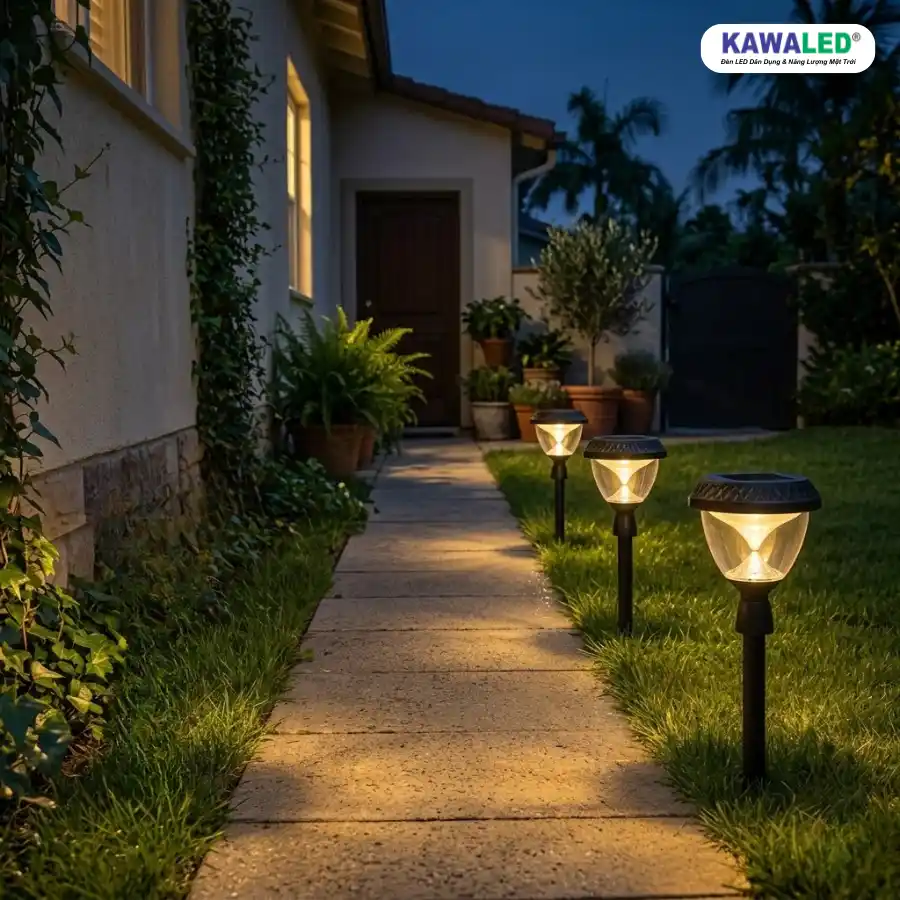 Đèn cắm cỏ năng lượng mặt trời chiếu sáng lối đi sân vườn vào ban đêm