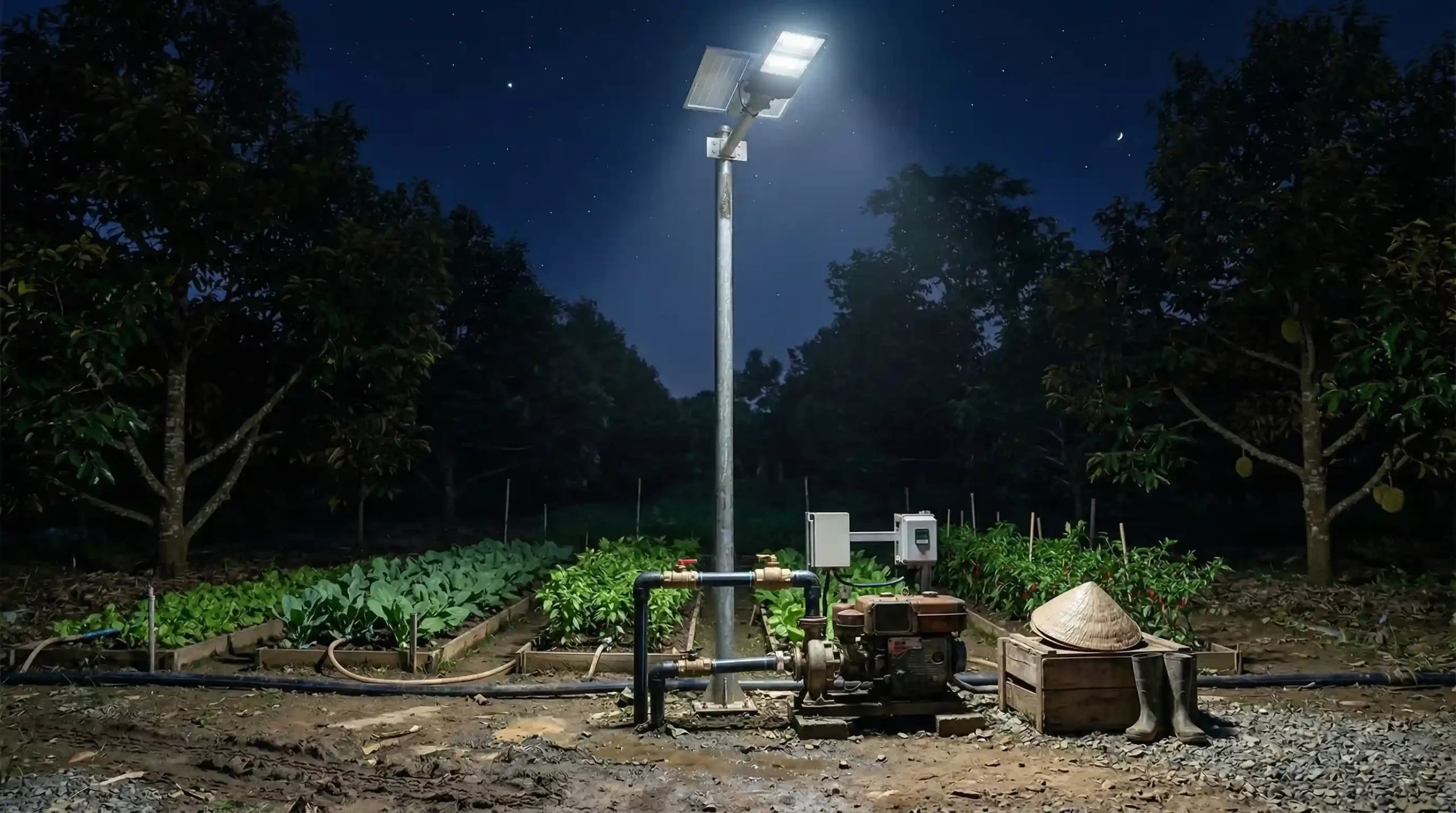 đèn năng lượng mặt trời chiếu sáng khu máy bơm nước trong trang trại