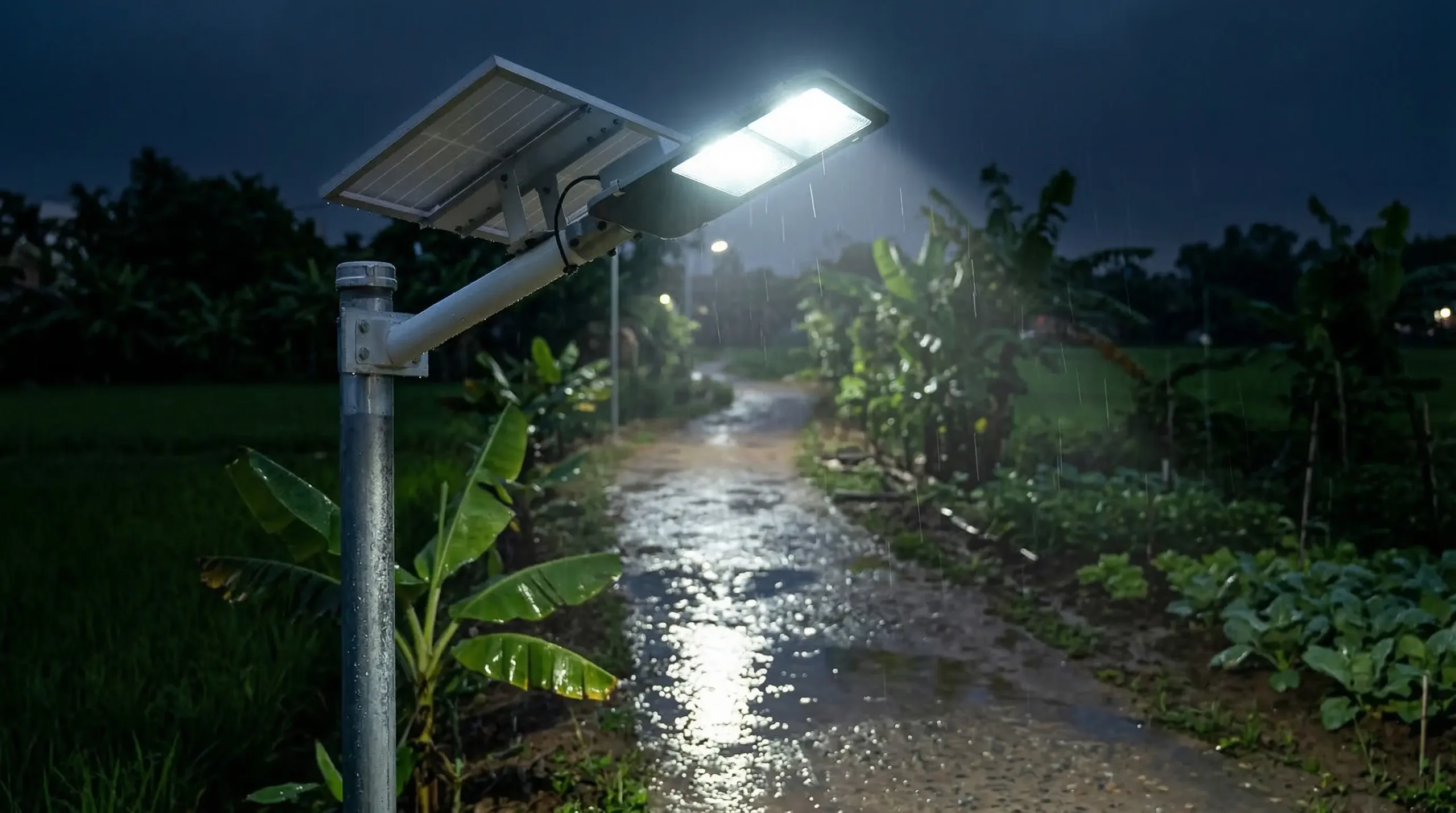 đèn năng lượng mặt trời chiếu sáng lối đi trang trại khi trời mưa