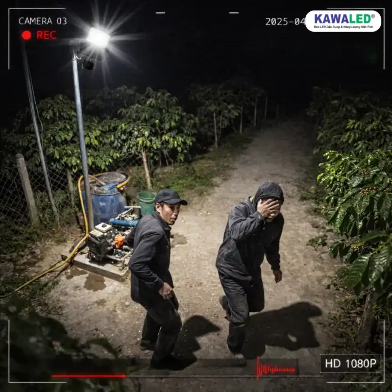 đèn pha cảm ứng bật sáng giúp camera ghi hình rõ kẻ gian trong vườn ban đêm