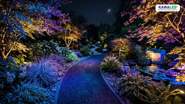 đèn pha led đổi màu trang trí sân vườn tạo không gian nghệ thuật