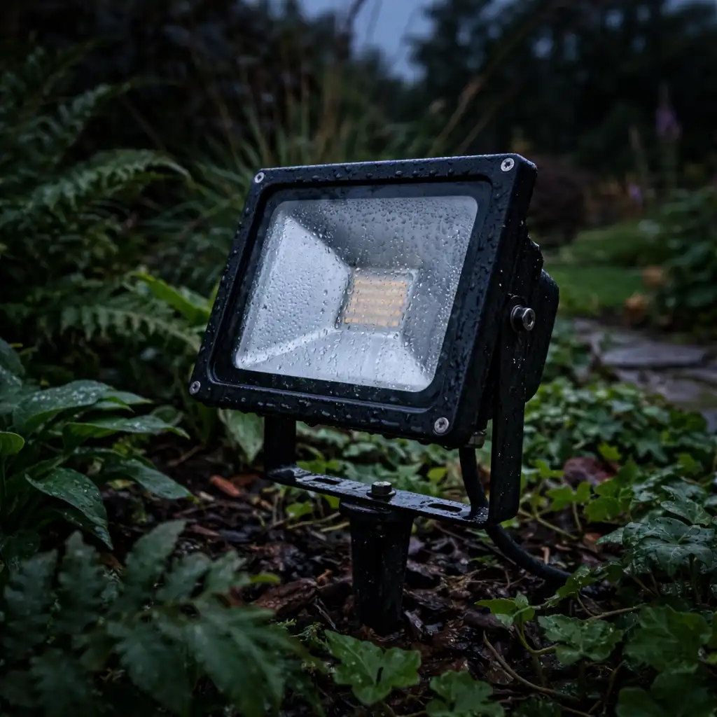 Đèn pha LED ngoài trời trong vườn có nước mưa bám trên bề mặt đèn