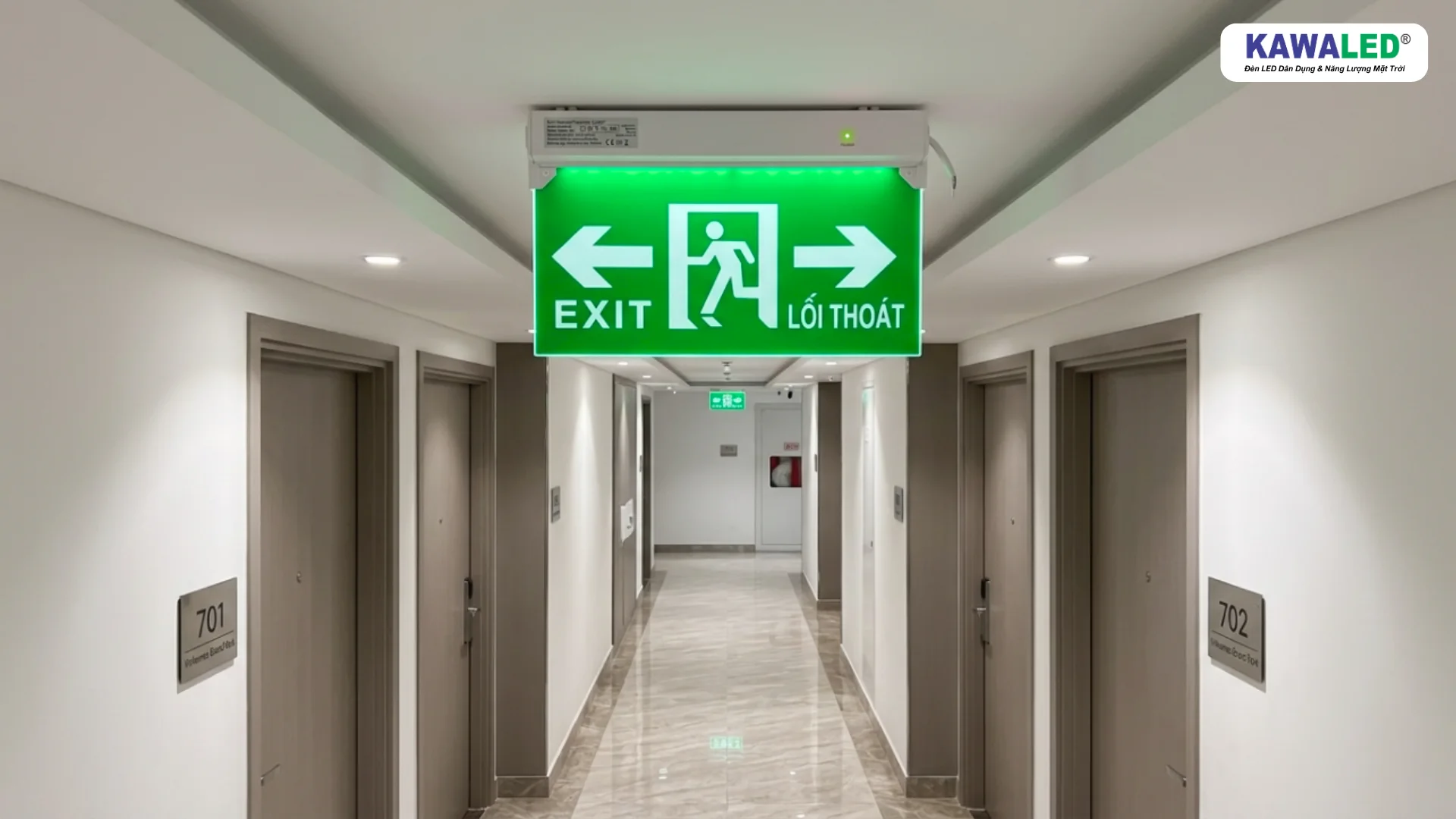 đèn thoát hiểm exit e506 lắp hành lang tòa nhà