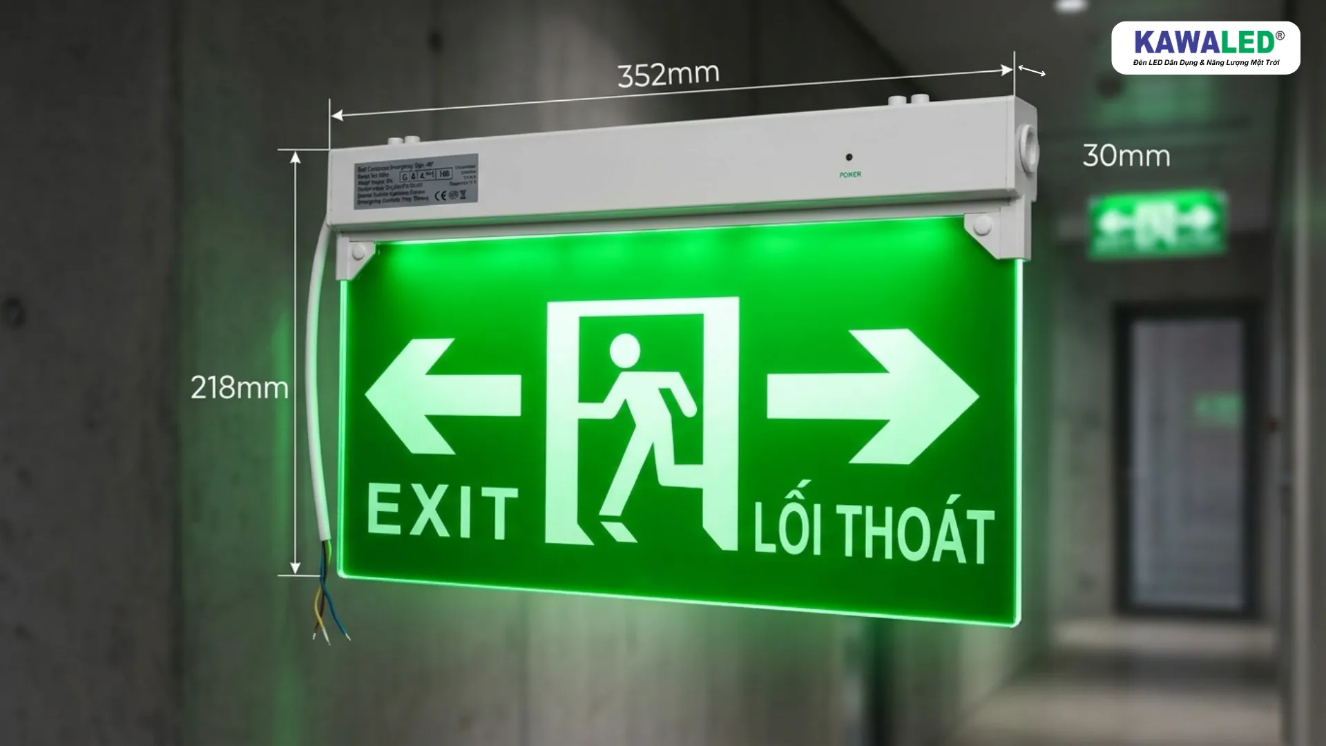 kích thước đèn thoát hiểm e506 352x218x30mm