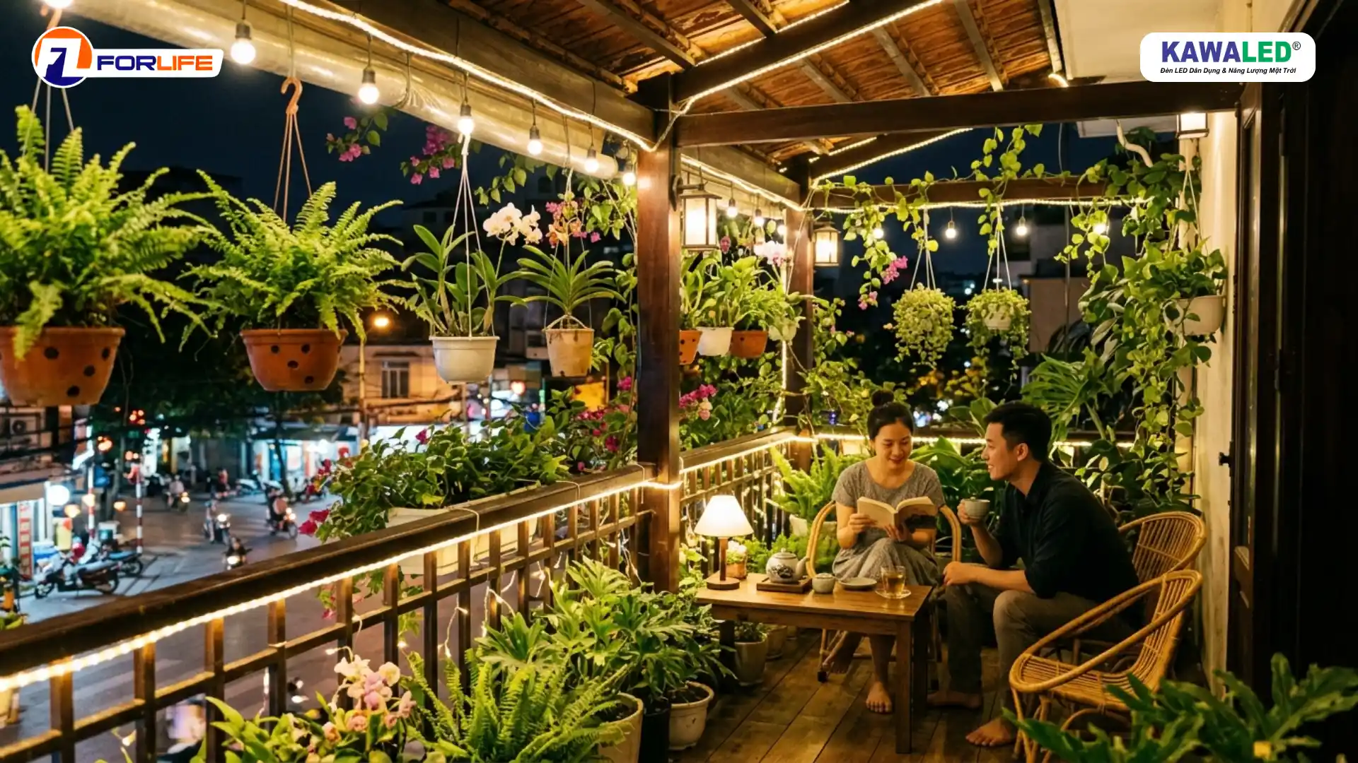 led dây ngoài trời trang trí ban công ánh sáng ấm đẹp