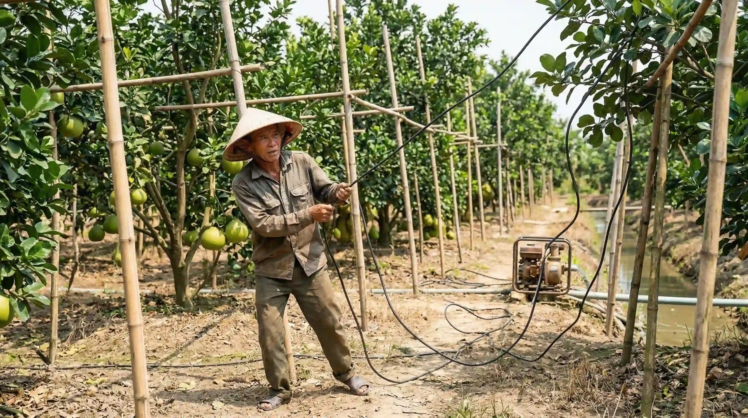 kéo dây điện dài vào vườn cây ở khu vực xa điện lưới