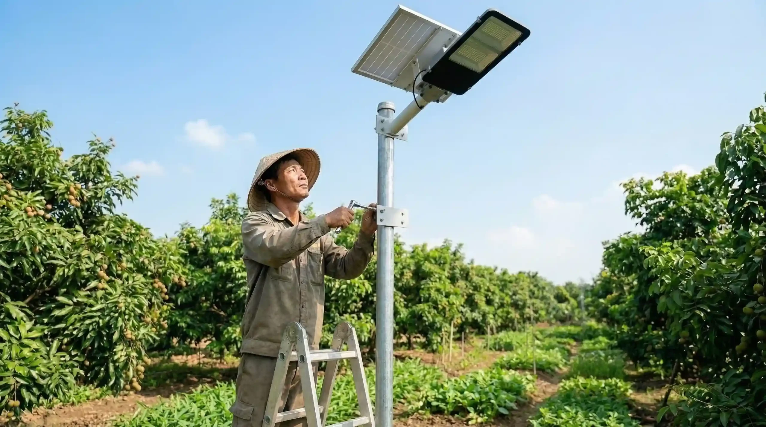 người nông dân lắp đặt đèn năng lượng mặt trời trong vườn cây