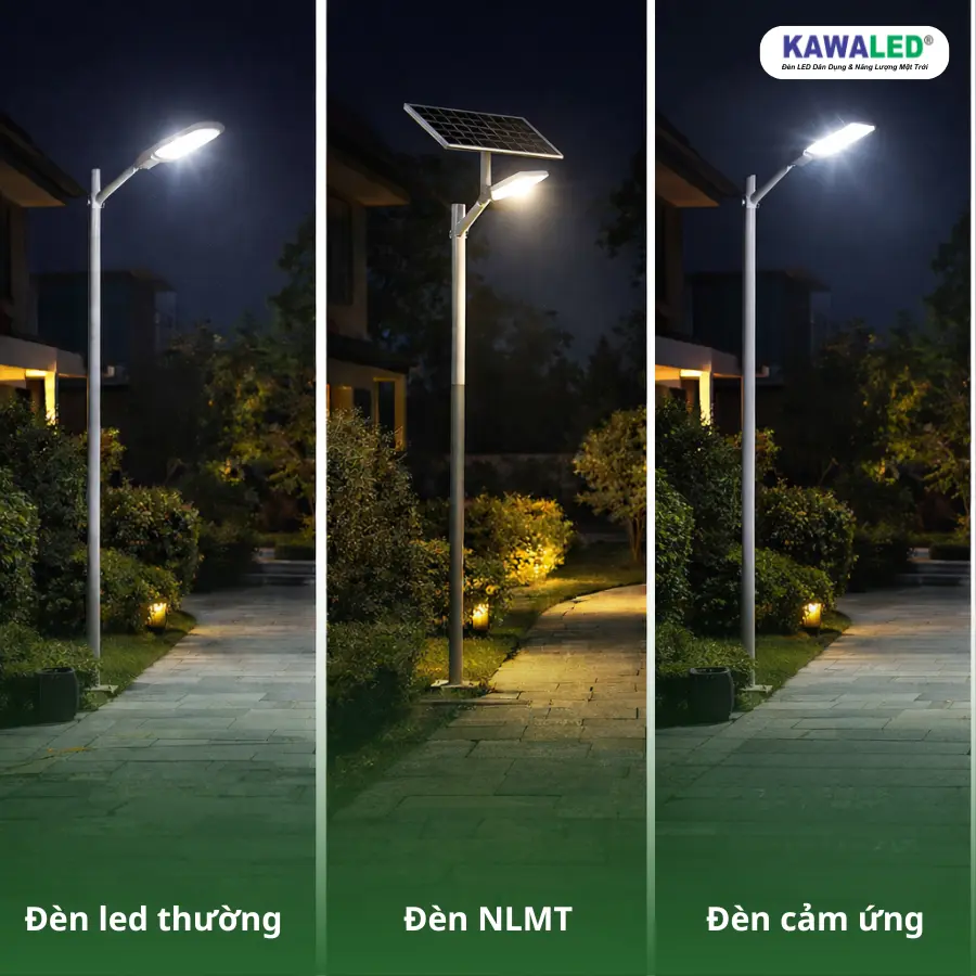 So sánh đèn sân vườn ngoài trời gồm đèn LED 220V, đèn năng lượng mặt trời sân vườn và đèn cảm biến ánh sáng