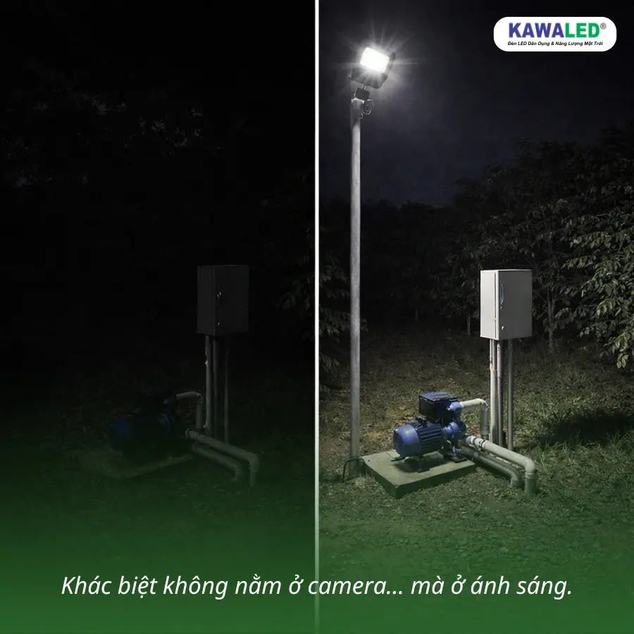 so sánh khu vực tối và khu vực có đèn pha led chiếu sáng an ninh ban đêm