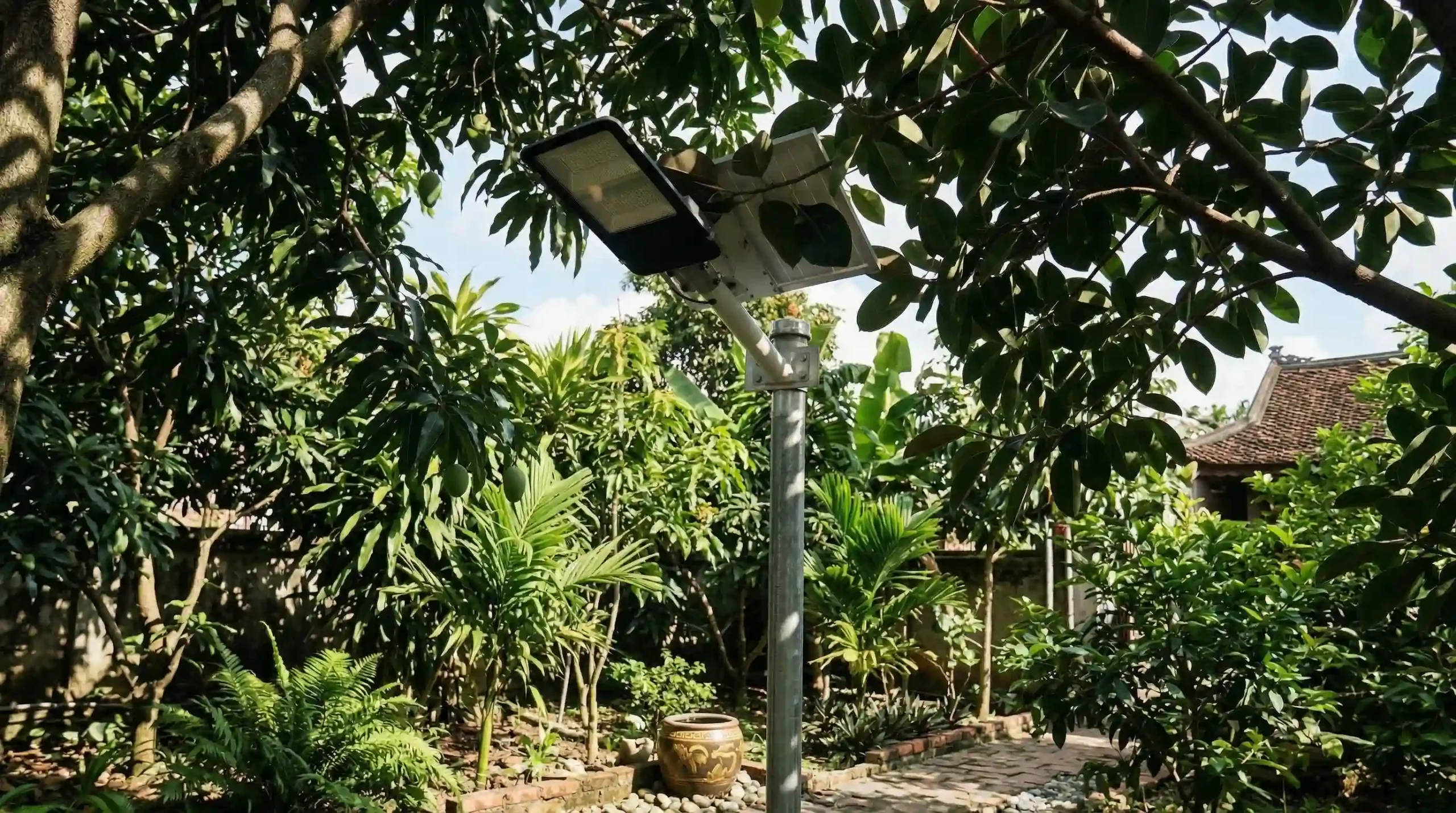 tấm pin năng lượng mặt trời bị che bởi tán cây làm giảm hiệu suất sạc