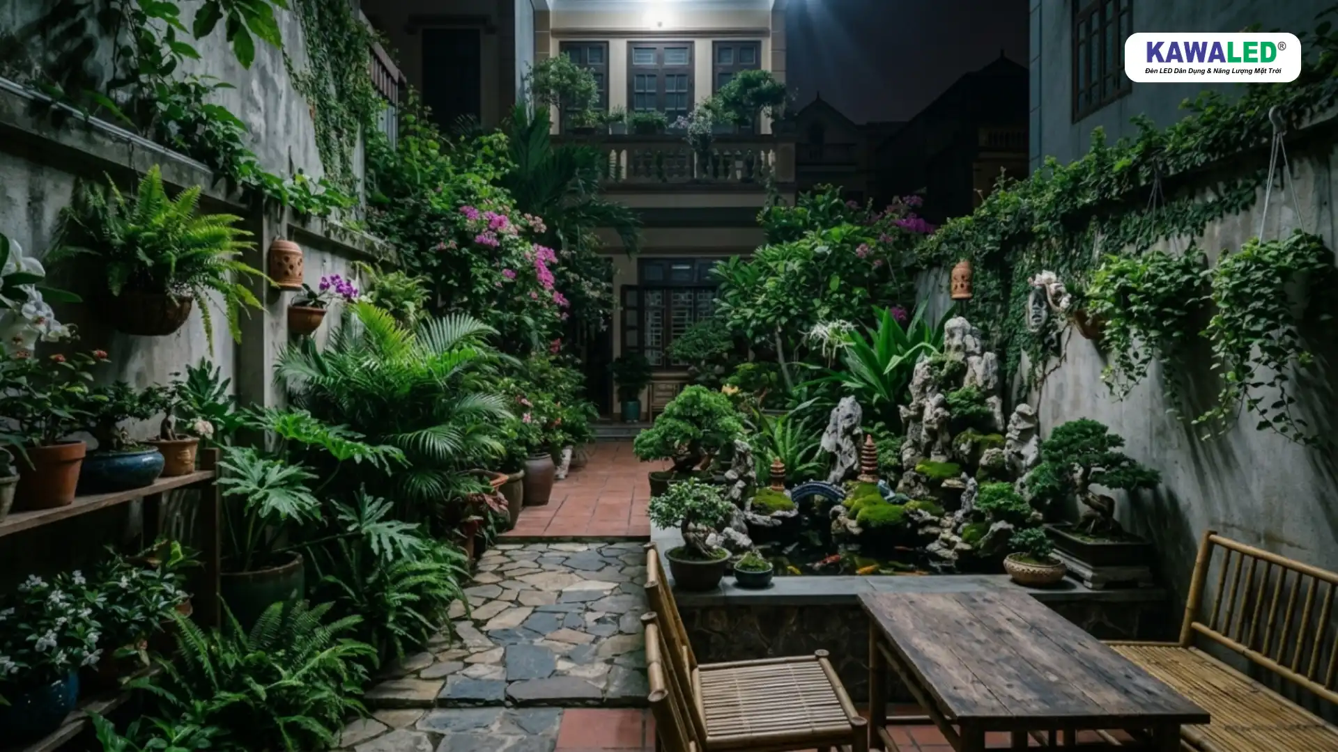trang trí sân vườn ban đêm với ánh sáng không hợp lý gây thiếu điểm nhấn