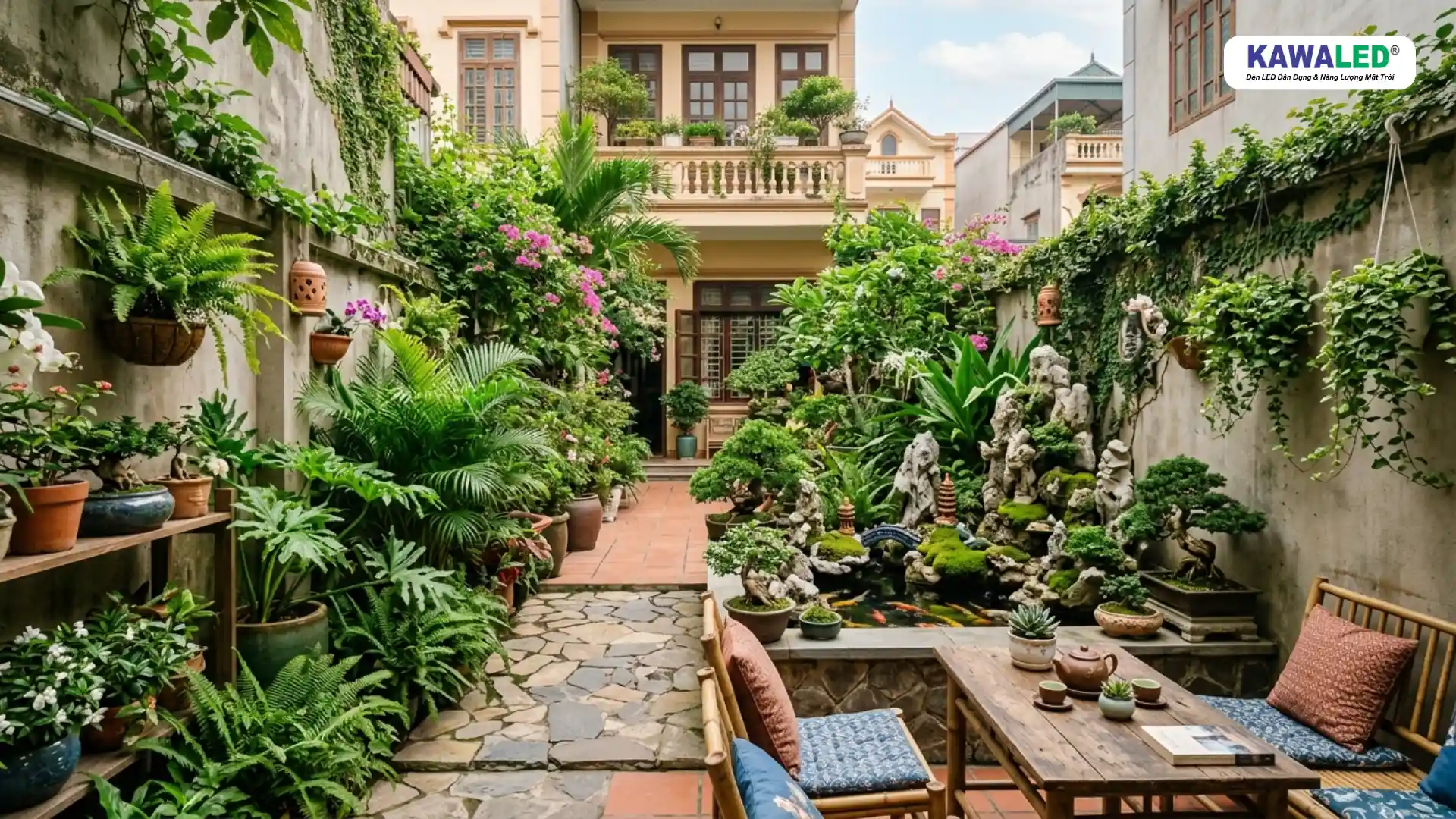 trang trí sân vườn đẹp ban ngày với cây xanh và tiểu cảnh