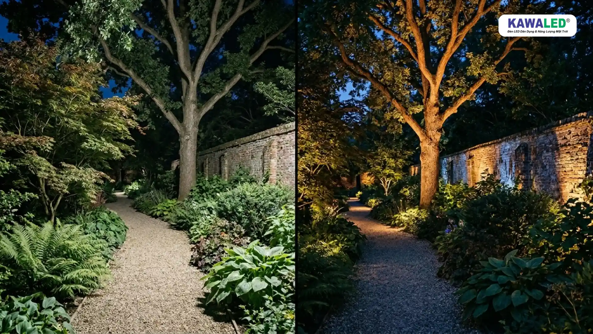 so sánh trang trí sân vườn trước và sau khi bố trí ánh sáng ban đêm