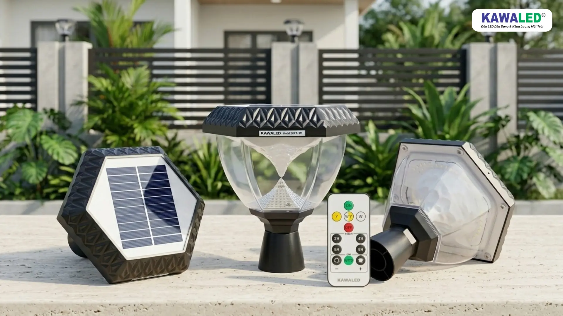 bộ đèn trụ hàng rào năng lượng mặt trời SGC1-3M kawaled