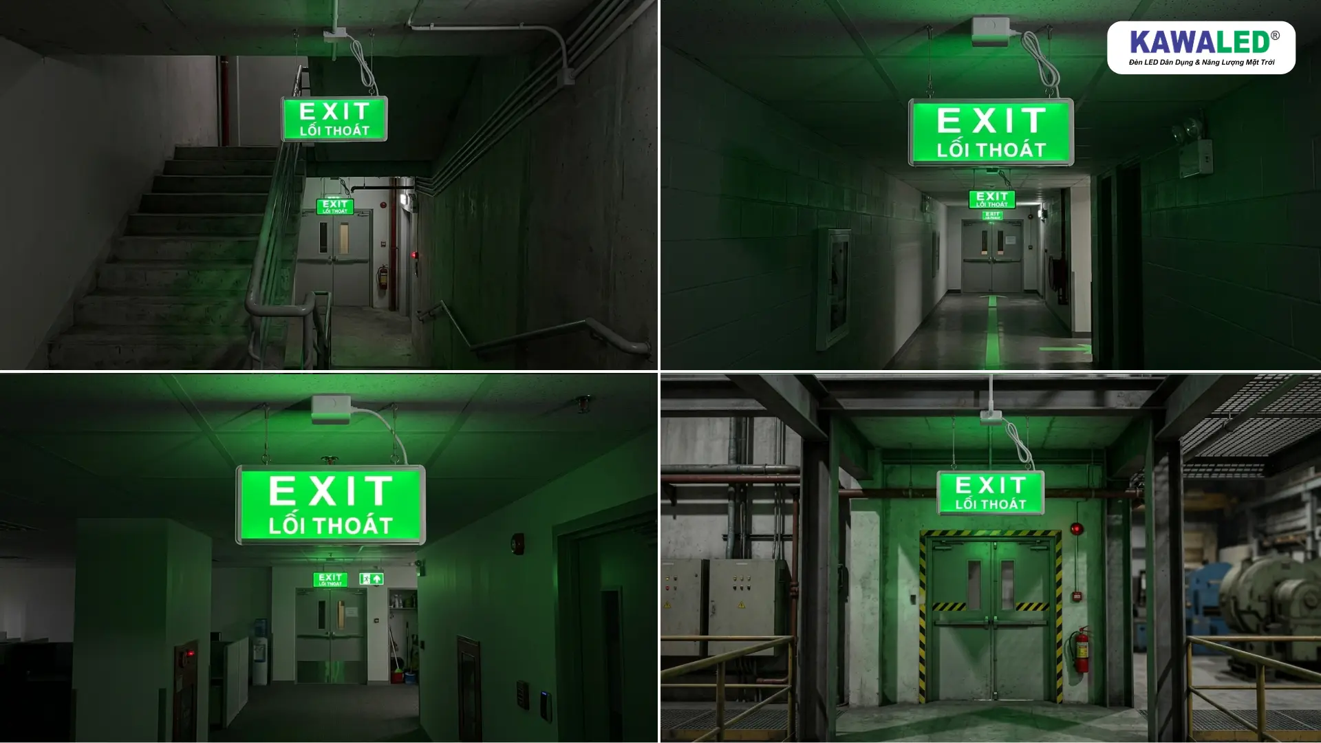 đèn exit lắp tại cầu thang hành lang nhà xưởng